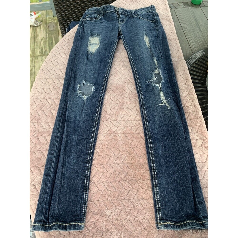 Mudd FLX Stretch Skinny Jeans Size 1 Junior Women Distressed Blue Dark Wash